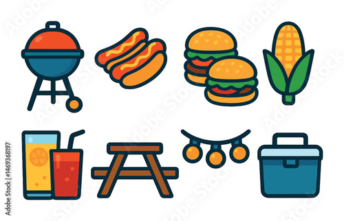 Barbecue and picnic flat icons set – outdoor, grilling, cookout symbols