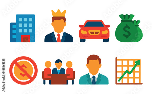 Business and finance flat icons set – corporate, economic, wealth visuals
