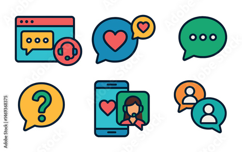 Customer support icons set – outline, chat, communication symbols