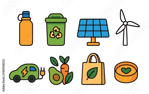 Eco-friendly flat icons set – sustainability, green energy, recycling symbols