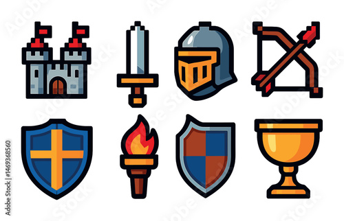 Medieval weapons and armor icons set – flat, filled, castle and knight symbols
