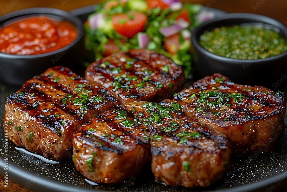 Grilled beef steaks served with flavorful sauces and a fresh salad. Grilled beef steaks served with flavorful sauces and a fresh salad.