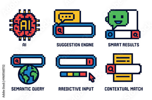 Ai technology pixel art icons set – search, innovation, semantic web symbols