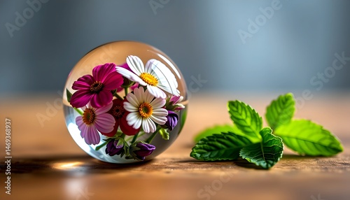 macro shot of a paperweight with embedded flowers, paired with fresh mint, warm wood textures for a unique adobe stock image.
