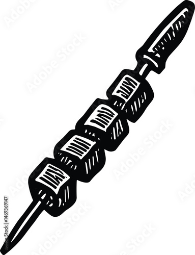 Vintage-style illustration of a meat skewer with grilled chunks, ideal for barbecue, kebab, street food, and traditional cuisine themes in culinary or retro food designs