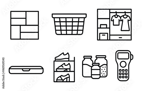 Home organization line icons set – storage, closet, tidy essentials