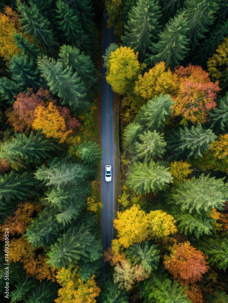 Car Drives Along Winding Road Through Vibrant Autumn Forest Showcasing Colorful Foliage and Serene Nature Generative AI