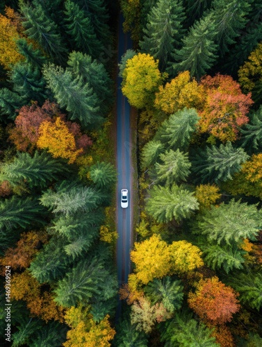 Car Drives Along Winding Road Through Vibrant Autumn Forest Showcasing Colorful Foliage and Serene Nature Generative AI