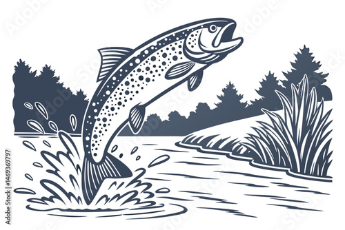 98 trout fish jumping out of water, realistic, highly detailed, digital art, 4k, hyperrealistic