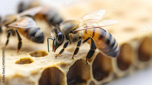 Closeup Of Busy Honey Bees On Honeycomb
