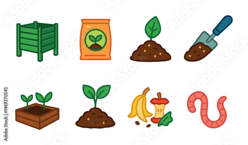 Gardening and composting icons set – flat, filled, eco-friendly and sustainable symbols