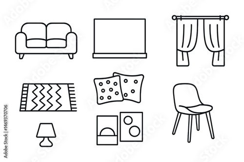 Home decor outline icons set – modern, minimalist, interior and furniture symbols