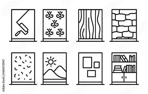 Home decor outline icons set – flat, filled, wall and interior design accents