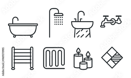 Bathroom and plumbing outline icons set – linear, plumbing, home renovation symbols