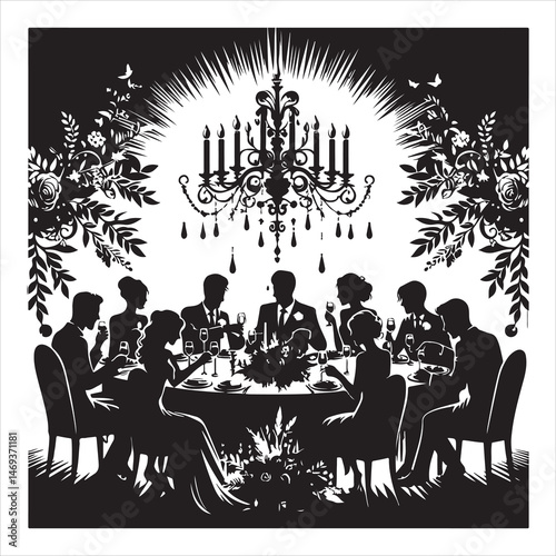 Celebratory Wedding Banquet Silhouettes Guests Eating and Mingling  , black colour vactor 