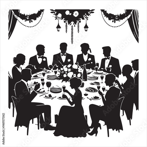 Celebratory Wedding Banquet Silhouettes Guests Eating and Mingling  , black colour vactor 