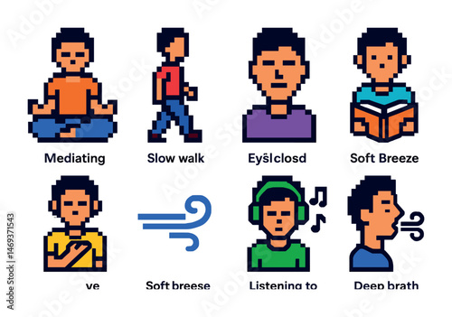 Meditation and relaxation pixel art icons set – yoga, mindfulness, stress relief