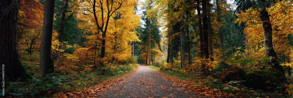 Serene Forest Path Bordered by Vibrant Autumn Trees in a Tranquil Woodland Setting Generative AI