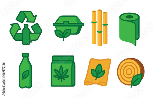 Eco-friendly recycling icons set – flat, green, waste management symbols