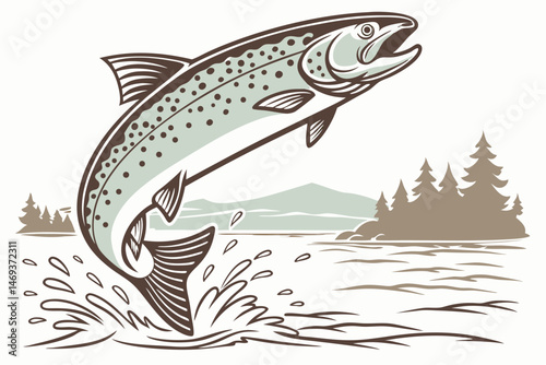 98 trout fish jumping out of water, realistic, highly detailed, digital art, 4k, hyperrealistic