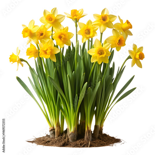 yellow daffodils in a pot isolated on white background. Transparent PNG file type available .