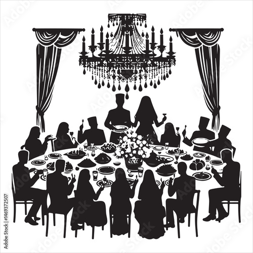 Celebratory Wedding Banquet Silhouettes Guests Eating and Mingling  , black colour vactor 