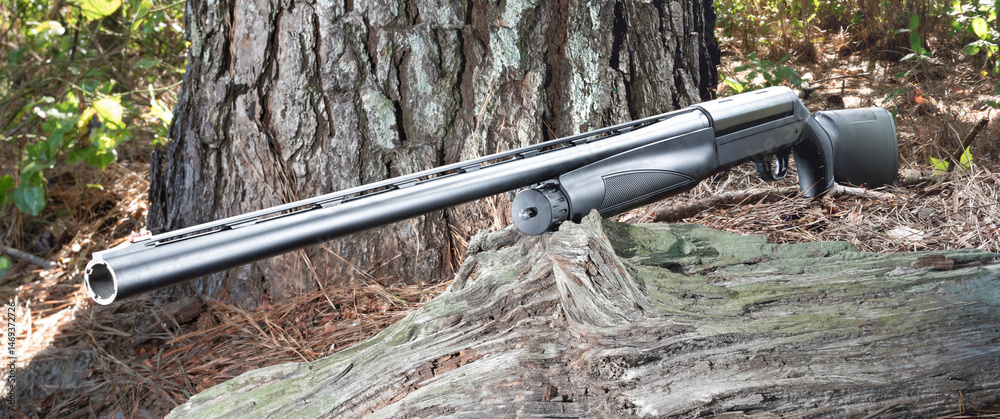 Black semi-auto hunting shotgun in a forest