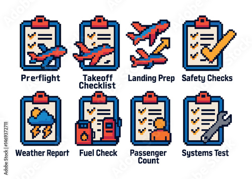 Aviation checklist pixel art icons set – preflight, airline, safety symbols