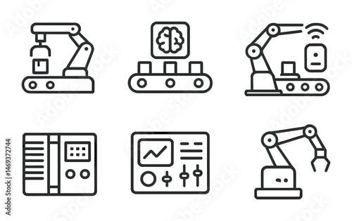 Industrial robotics line icons set – automation, machinery, engineering symbols
