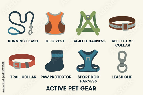 Active pet gear icons set – 3d, silhouette, dog equipment and pet accessories