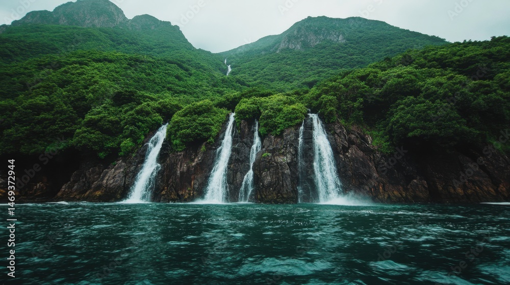 Fototapeta premium Scenic reservoir view with waterfalls flowing into flat water, bordered by rich green trees creating a calm peaceful environment