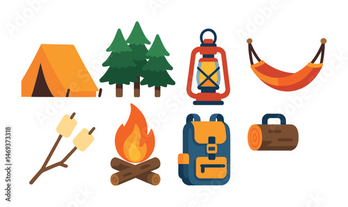Camping essentials flat icons set – outdoor, adventure, hiking gear symbols