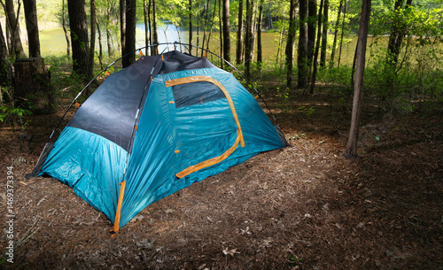Brightly lit campsite in a foest with lake behind