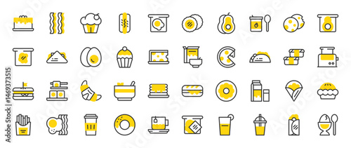 Set of Brunch vector stroke icons. such as Boiled Egg, Sandwich, Iced Coffee, Cereals, Avocado, Cheese, Coffee Cup, Cookies, Crepe, Croissant, Cupcake, Donut, French Fries, Hot Dog, Jam illustration.