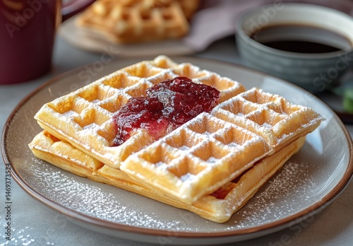 Delicious golden waffles topped with berry jam and powdered sugar on a rustic table with coffee in the background