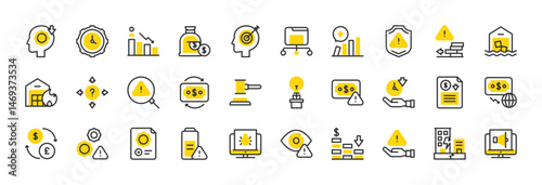 Set of Business risks vector stroke icons. such as Uncertainty, Money, View, Alert, Risk, Earthquake, Time Management, Fire, Alert, Recession, File, Shield, Deadline, Exchange, Low illustration.