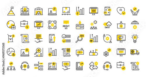 Set of Business service vector stroke icons. such as About Us, Roadmap Planning, Outsourcing, Vision, Solution, Workflow, Contract, Development, Business, Warehouse, Trend, Certified illustration.