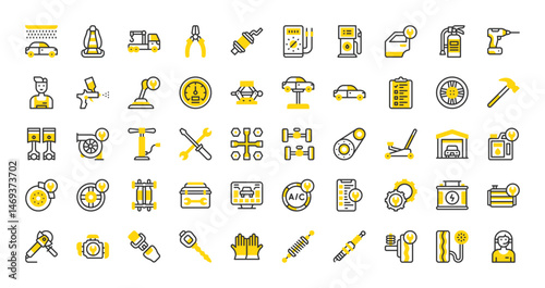 Set of Car service vector stroke icons. such as Toolbox, Ac , Service, Spray Paint Gun, Radiator, Seat Belt, Engine, Oil Change, Customization, Work Tools, Exhaust Pipe, Car Jack, Air illustration.