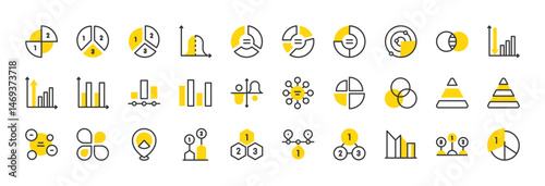Set of Charts and diagrams vector stroke icons. such as Bar Chart, Diagram, Levels, Axis, Pie Chart, Radar, Location, Steps illustration.