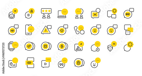 Set of Chat vector stroke icons. such as Checked, People, Phone Chat, Quote, Messenger, Happy, Alarm, User, Delete, Boy, Play, Lock, Laptop, Mail, Bye, Hi, Heart, Sad, Watch, Delete illustration.
