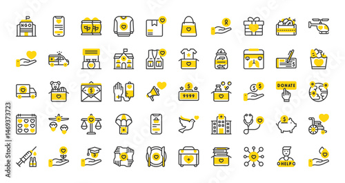 Set of Charity vector stroke icons. such as Stethoscope, Give Money, Megaphone, Piggy Bank, Needy, Helping, Medicine, Ngo, Cheque, Toys, World, Vegetables, Donate, Food, Scholarship illustration. 