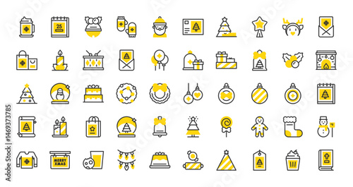 Set of Christams vector stroke icons. such as Muffin, Star, Balloon, Christmas Tree, Gingerbread Man, Lollipop, Sock, Snowman, Sweater, Merry Christmas, Milk, Lights, Cake, Candies illustration.