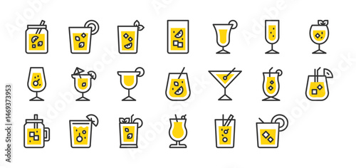 Set of Cocktails vector stroke icons. such as Pisco Sour, Bloody Mary, Cocktail, Cuba Libre, Gin Tonic, Margarita, Martini, Piña Colada, Caipirinha, Champagne illustration.