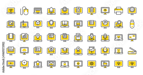Set of Computer funcations vector stroke icons. such as Cctv, Search, Text, 3d Modeling, Startup, Internet, Elearning, Design, News, Coding, Wifi, Recording, Gallery, Upload, Virus illustration.