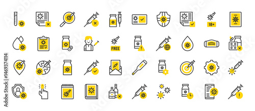Set of Covid vaccina vector stroke icons. such as Covid, No Drugs, Target, Vaccinated, Oximeter, Syringe, Vaccination, Injection, Research, Test Tube, No Alcohol, Medical Mask, Covid illustration.