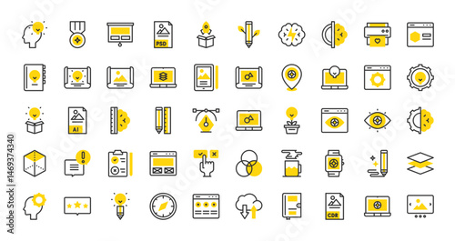 Set of Design thinking vector stroke icons. such as Gallery, Pen Tool, Idea, Clipboard, Rgb, Web Design, Cube, Chat, Eye, Settings, Brain, Wireframe, Pencil, Coffee Cup, Sketchbook, Idea illustration.
