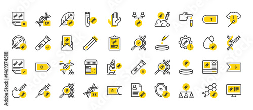 Set of Dna test vector stroke icons. such as Blood Test, Pcr Machine, Inheritance, Chromosome, Test Results, Biotechnology, Sperm, Mouse, Test Tube, Microscope, Cotton Swab, Structure illustration.