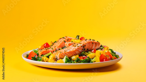 Vibrant plate of cooked salmon and assorted colorful vegetables against a bright yellow backdrop.  The salmon and vegetables are attractively arranged.