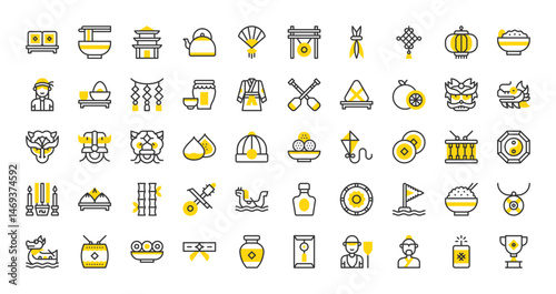 Set of Dragon boat festival vector stroke icons. such as Rice Bowl, Teapot, Ashes, Chinese Temple, Paddles, Qu Yuan, Chinese Hat, Dragon, Amulet, Dagu, Headband, Red Envelope illustration.