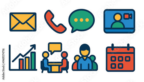 Business communication icons set – flat, filled, digital and networking symbols